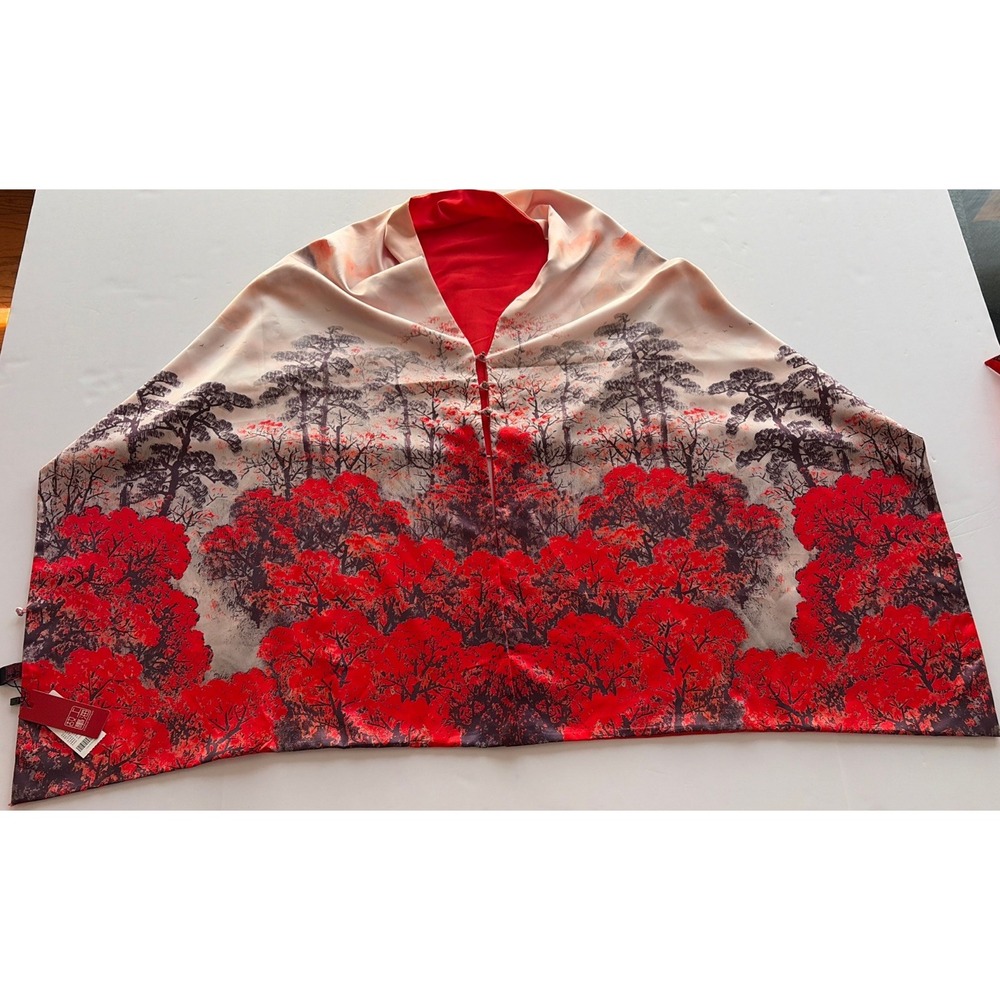 Story of Shanghai 100% Silk Scarf Shawl Wrap Red Tree Print Reversible NWT Large